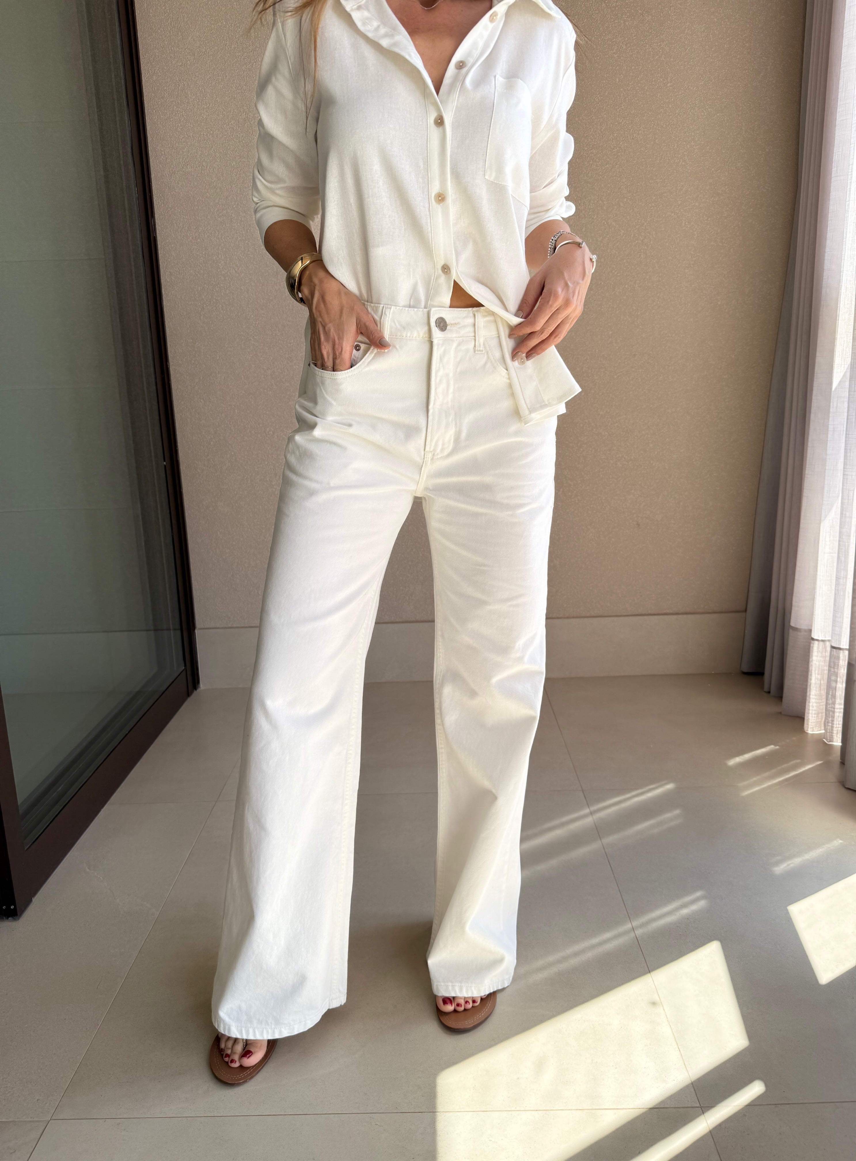 Calça Wide Leg Sarja Off White