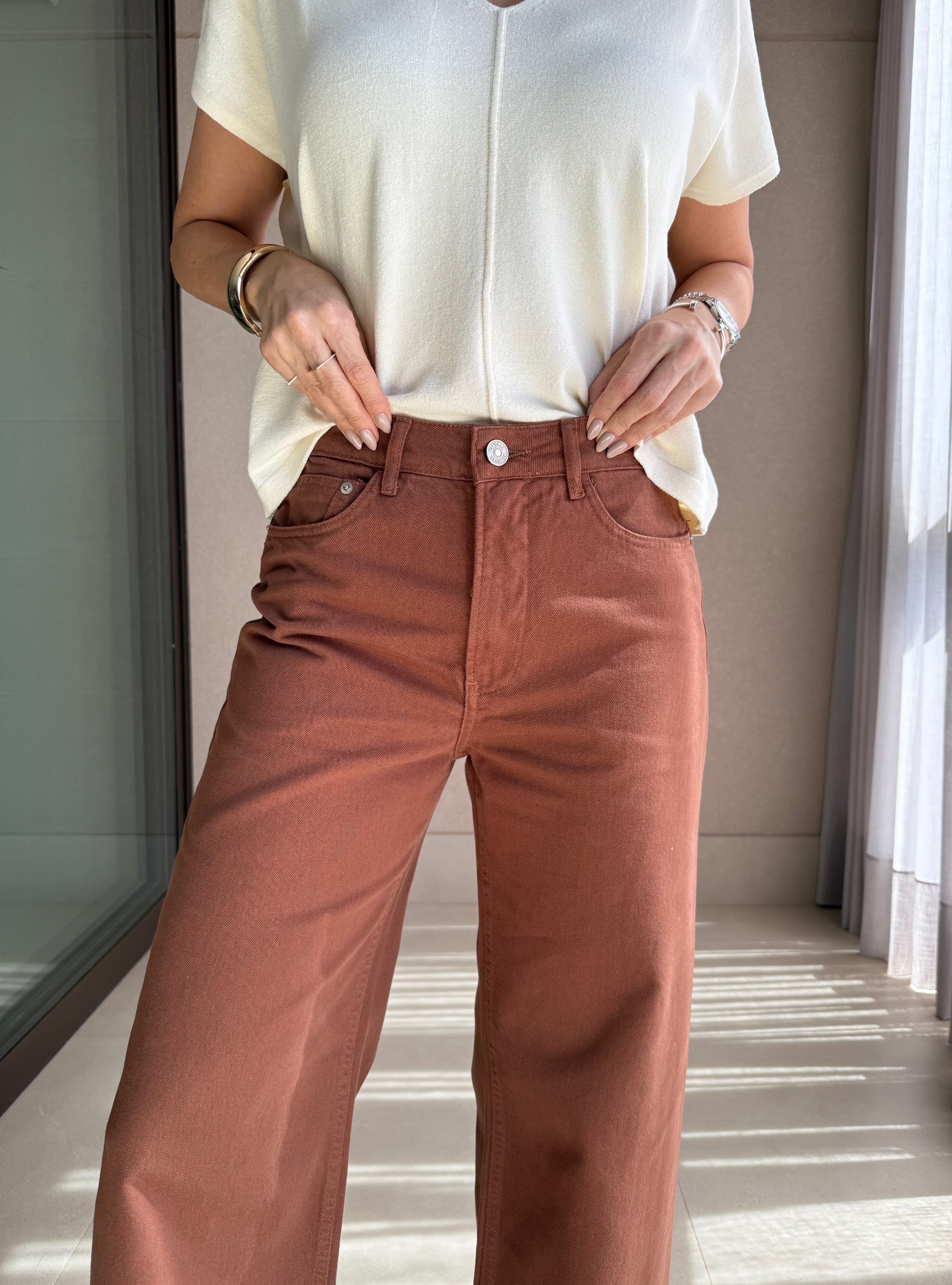 Calça Wide Leg Sarja Marrom